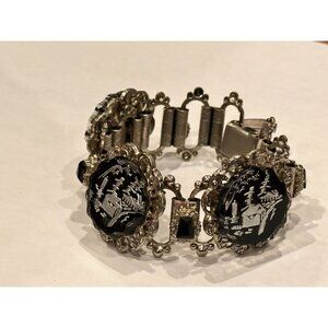 VINTAGE ASIAN INTAGLIO CAMEO REVERSE MOLDED GLASS BLACK SILVER BRACELET 7" EUC